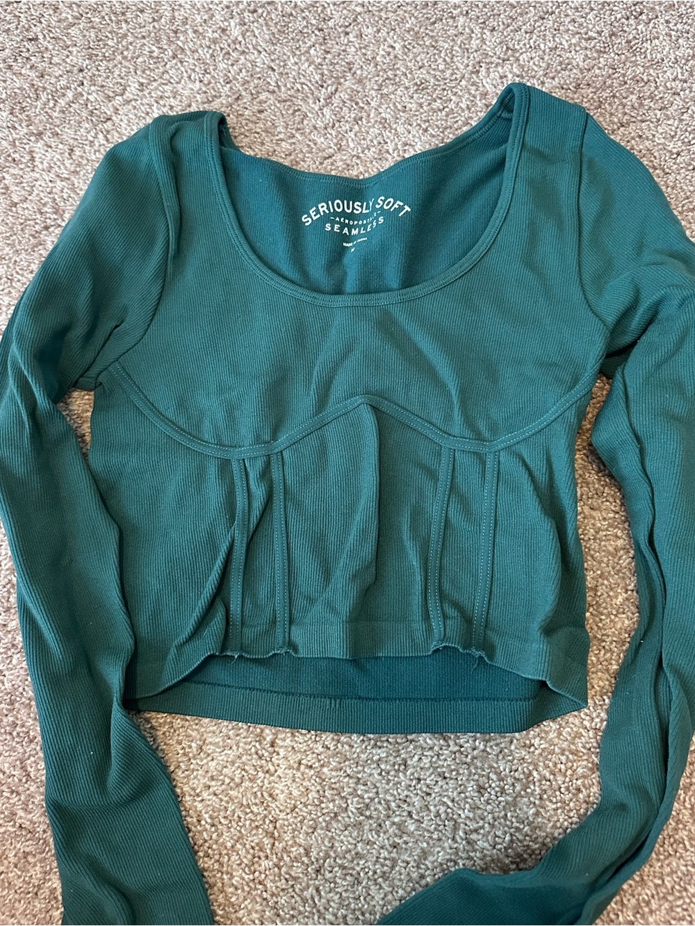 Seriously Soft Aeropostale Seamless Green/Teal Long Sleeve Scoop Neck Crop Top